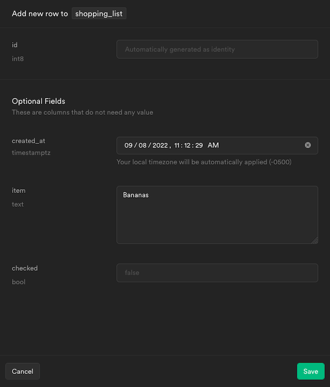 The Supabase form for inserting a new row