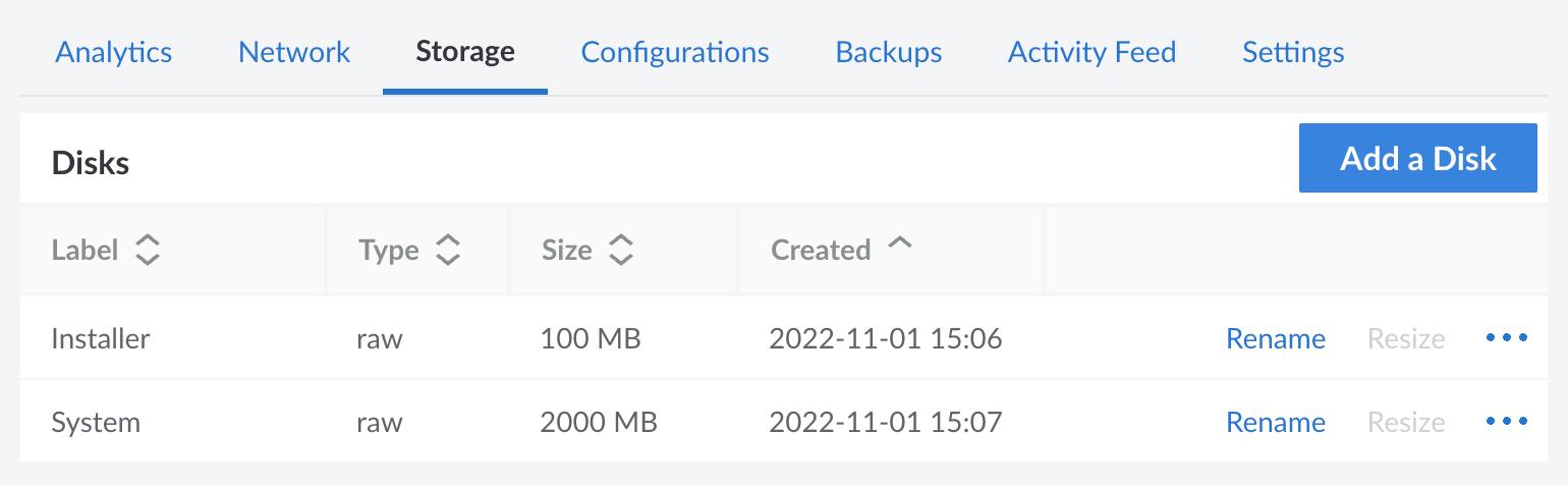 Screenshot of the Storage tab with the disks created