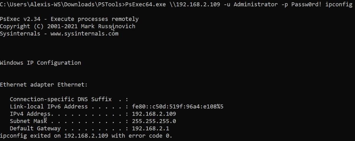 PsExec - execute ipconfig command on target